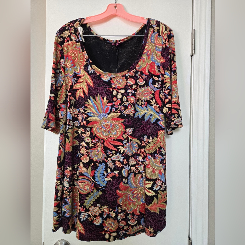 2 Salaam Size XL 3/4 Sleeve Floral Tops, One Black with Florals, One Red Floral